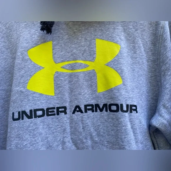Under Armour Fitted Heather Gray Hoodie with Vibrant Yellow Logo - Picture 3 of 7